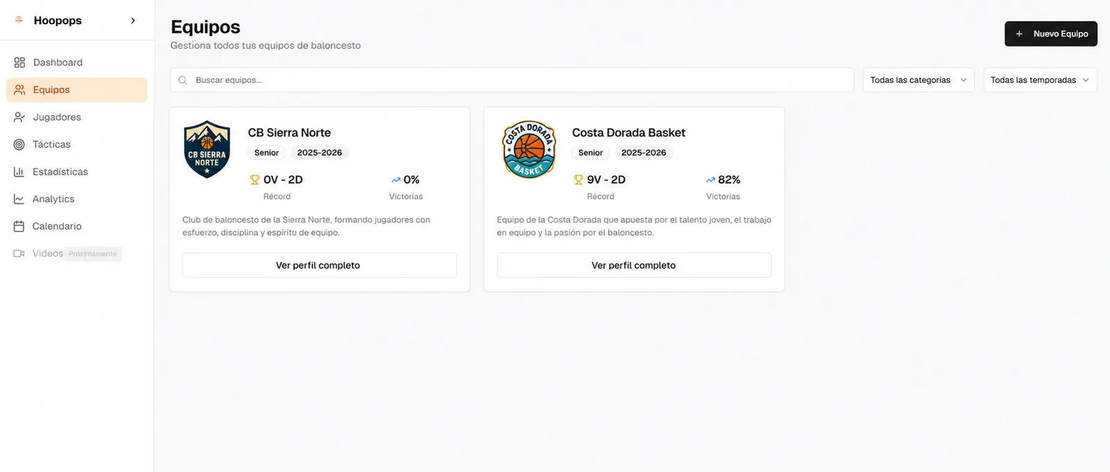 Pantalla de creación de equipo en Hoopops con los datos básicos del equipo